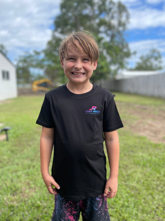 Black shirt featuring “JR Just Race Automotive” logo in bright pink, blue and purple. The back collar carries the words “Tuned by JR”. JR is an experienced car tuner who specialises in tuning drag cars, off-street racing and no-prep events in Australia.
