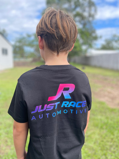 black shirt featuring “JR Just Race Automotive” logo in bright pink, blue and purple. The back collar carries the words “Tuned by JR”. JR is an experienced car tuner who specialises in tuning drag cars, off-street racing and no-prep events in Australia.