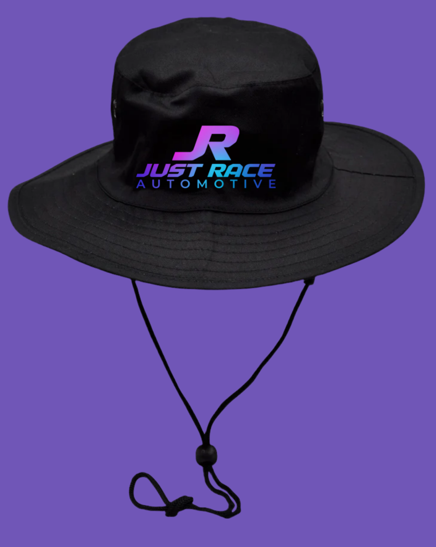black bucket hat featuring “JR Just Race Automotive” logo in bright pink, blue and purple. JR is an experienced car tuner who specialises in tuning drag cars, off-street racing and no-prep events in Australia.