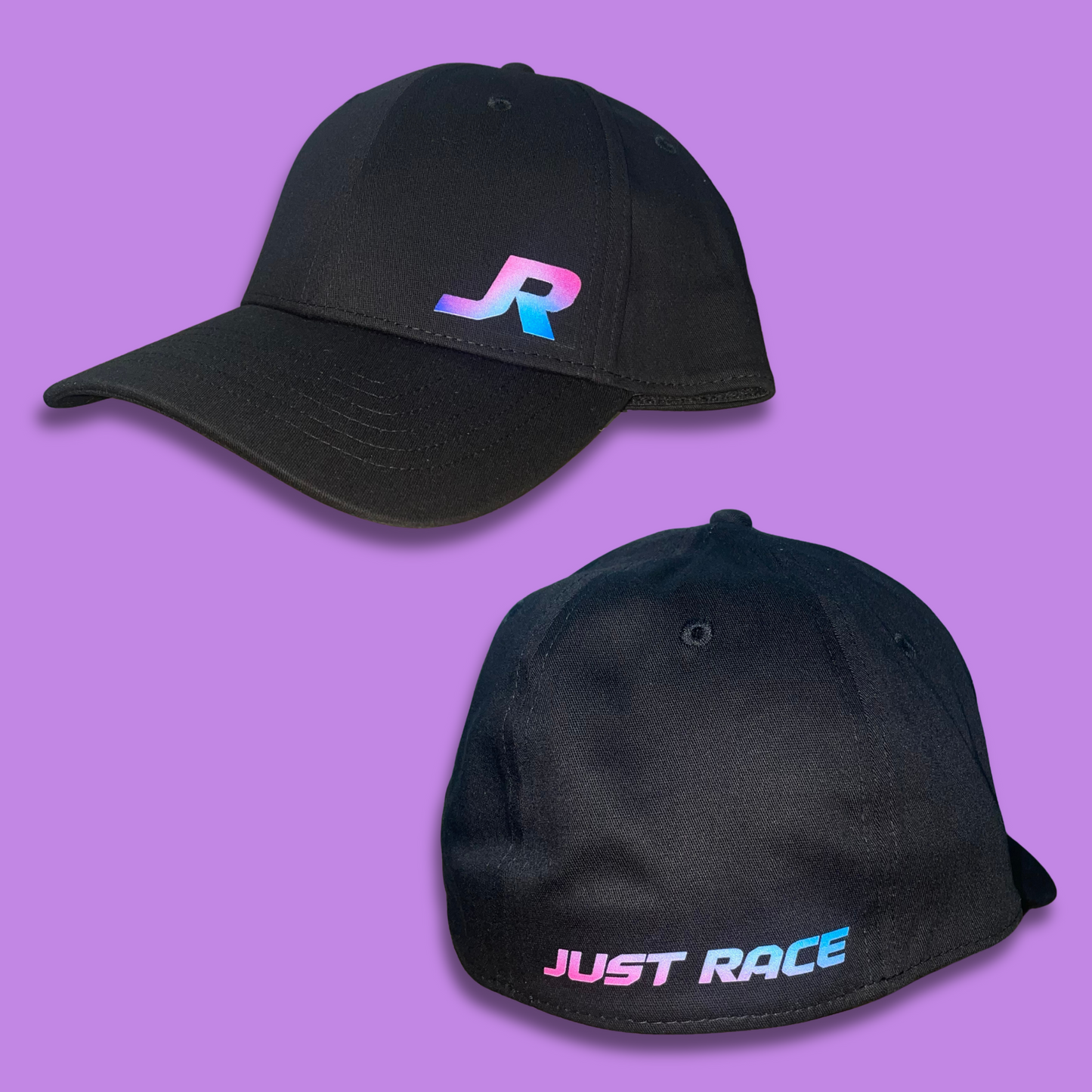 black baseball cap featuring “JR” logo in bright pink, blue and purple. The back of the hat carries the words “Just Race”. JR is an experienced car tuner who specialises in tuning drag cars, off-street racing and no-prep events in Australia.