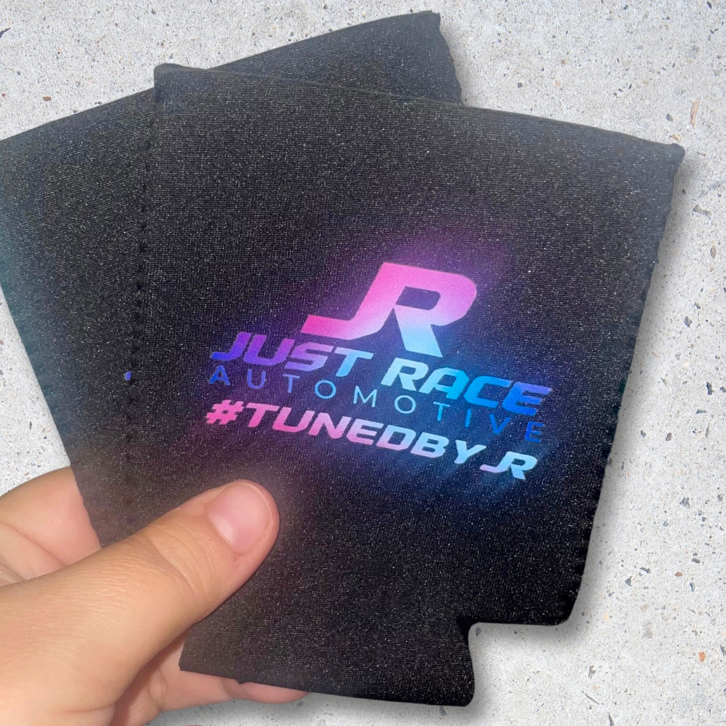 Black stubby cooler featuring “JR Just Race Automotive” logo in bright pink, blue and purple. JR is an experienced car tuner who specialises in tuning drag cars, off-street racing and no-prep events in Australia.