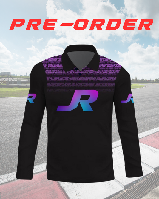 Long sleeve polyester black shirt featuring “JR Just Race Automotive” logo in bright pink, blue and purple. The back collar carries the words “Tuned by JR”. JR is an experienced car tuner who specialises in tuning drag cars, off-street racing and no-prep events in Australia.